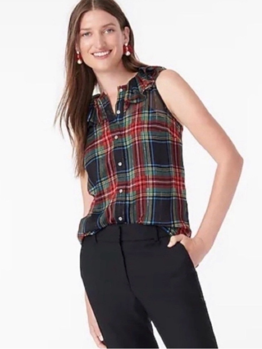 J. Crew Sleeveless Red & Navy Plaid Button-Down Shirt